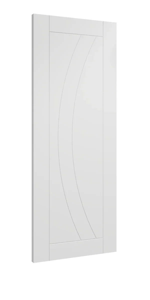 White primed interior door with modern curved panel detail, angled side view