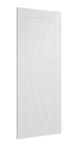 White primed interior door with modern curved panel detail, angled side view