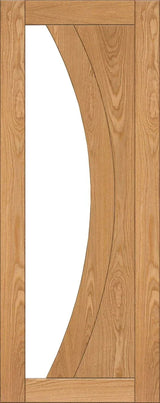 Oak internal door with curved panel design and natural wood grain texture
