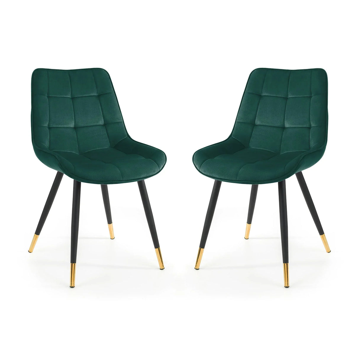 Set of 2 green dining chairs with black metal legs and gold tips, modern quilted upholstery