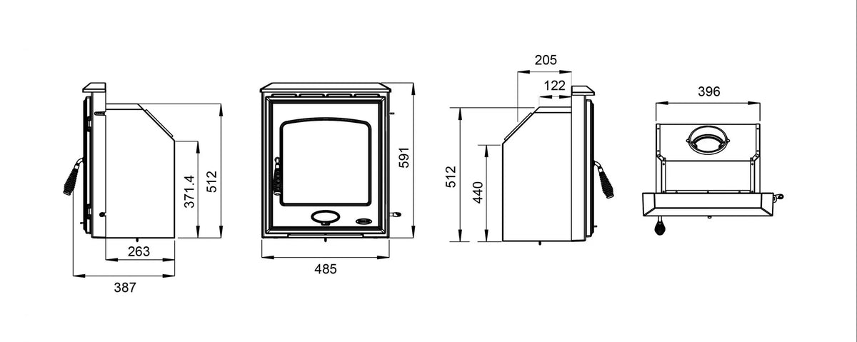 Wood burning stove technical drawing with front, side, and top dimensions detailed
