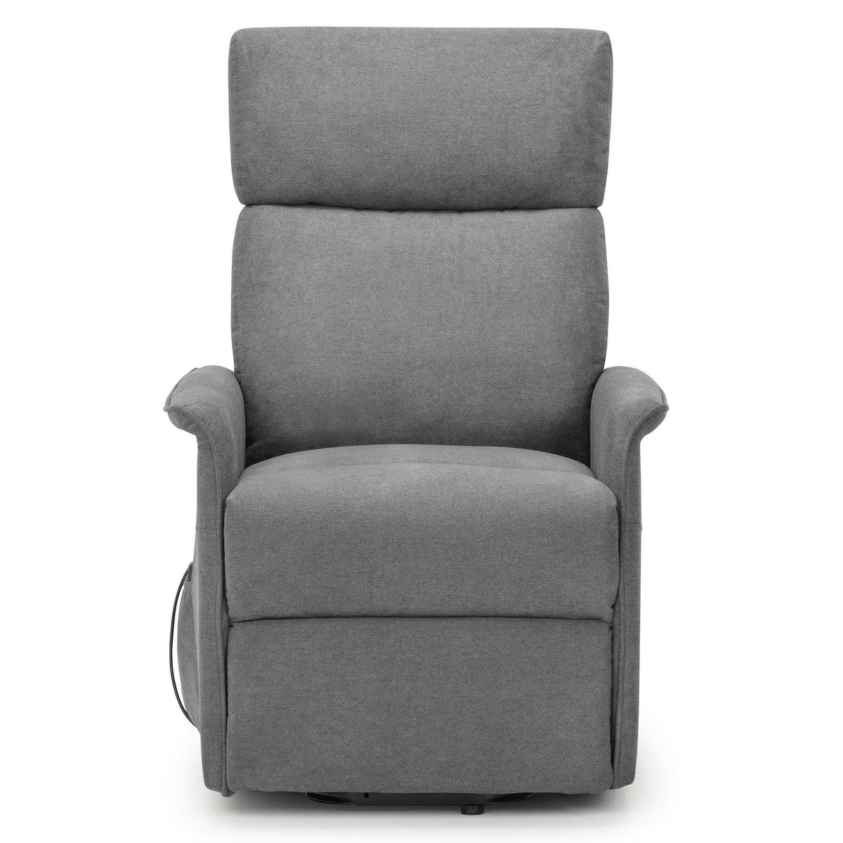 Charcoal grey rise recliner chair with padded back and armrests, front view