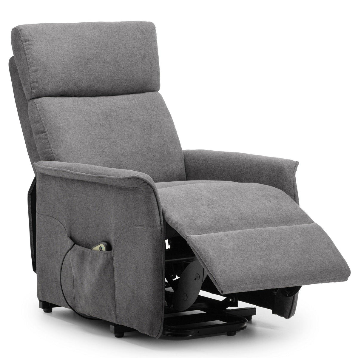 Charcoal grey fabric rise recliner chair in reclined position with side pocket and remote
