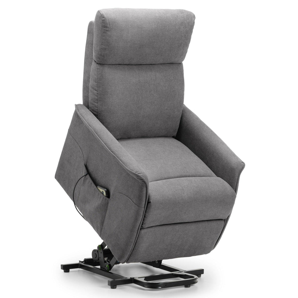 Charcoal grey rise recliner chair with fabric upholstery and side remote pocket