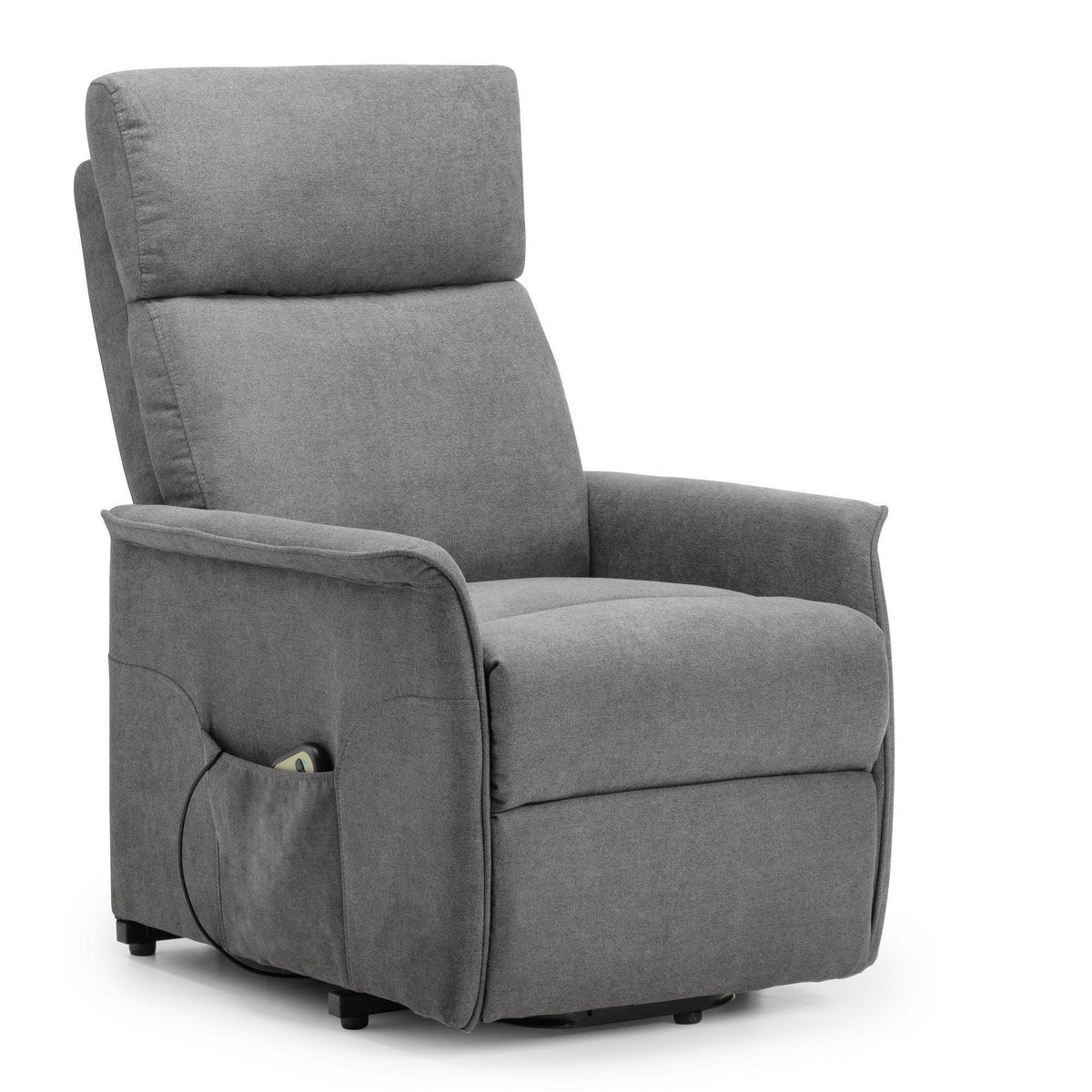 Charcoal grey fabric rise recliner chair with padded seat and side control pocket