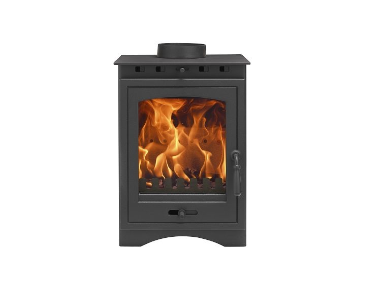 Helios 5 Eco stove installed with top flue outlet and clean finish