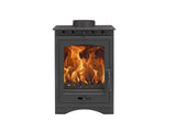 Helios 5 Eco stove installed with top flue outlet and clean finish