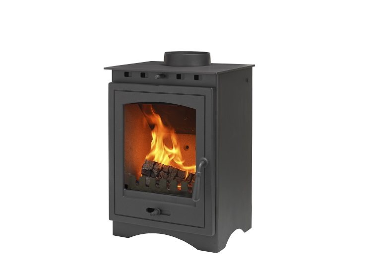 Close-up of Helios 5 Eco stove door and controls showing design details