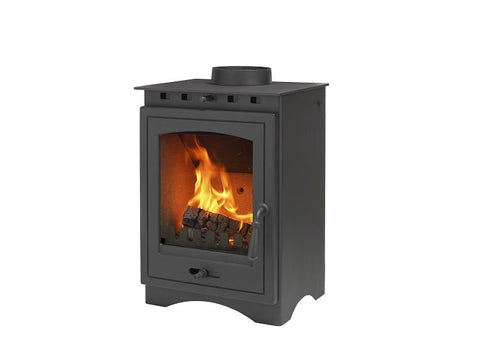 Close-up of Helios 5 Eco stove door and controls showing design details