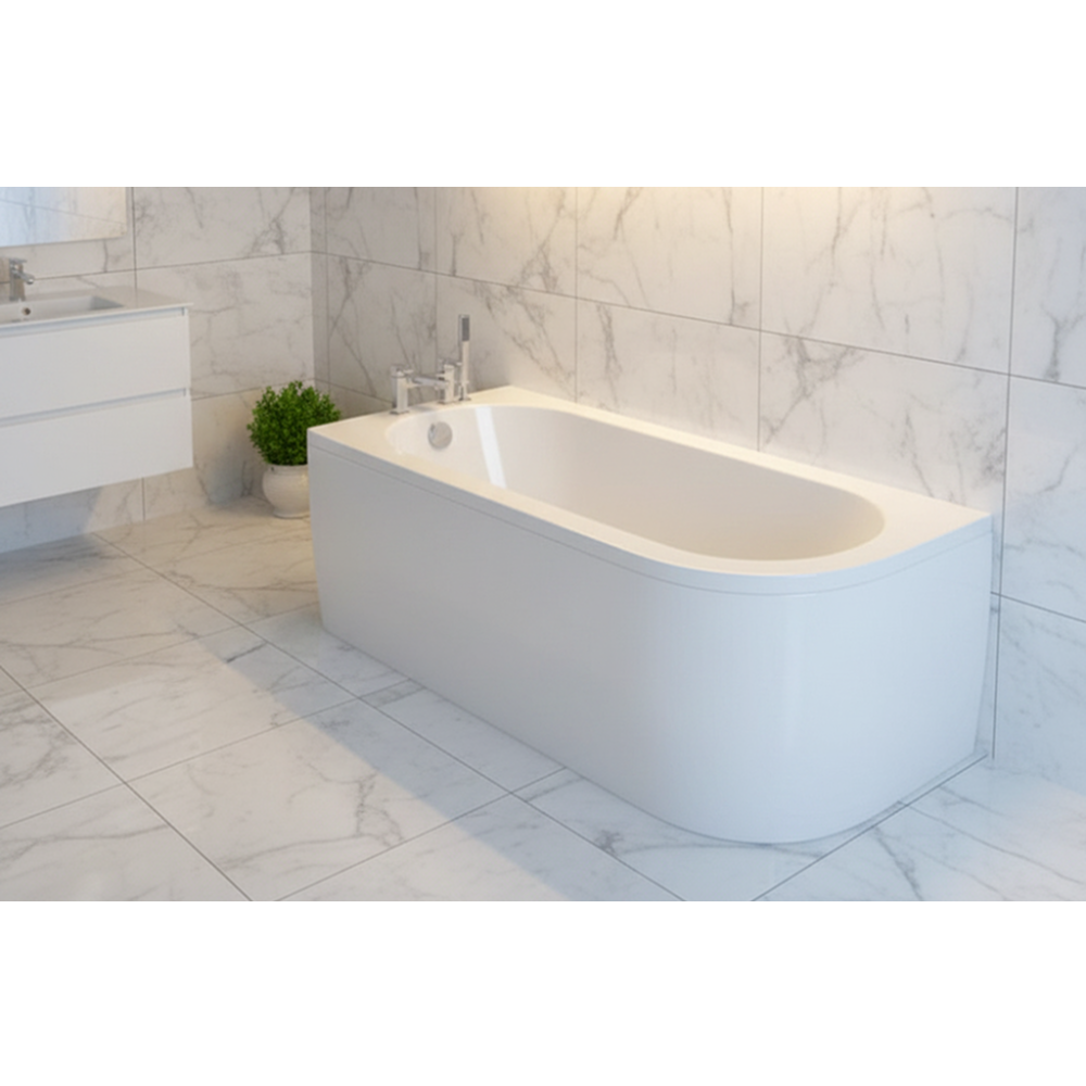 Modern bathroom with a freestanding bathtub against a tiled wall.
