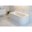 Modern bathroom with a freestanding bathtub against a tiled wall.
