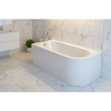 Modern bathroom with a freestanding bathtub against a tiled wall.