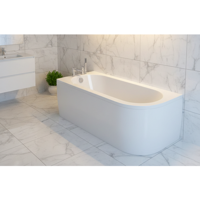 Modern bathroom with a freestanding bathtub against a tiled wall.