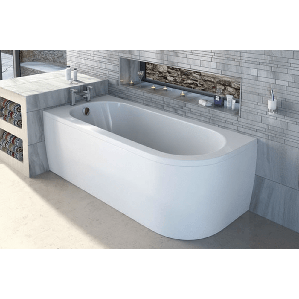 Modern bathroom with a freestanding bathtub against a tiled wall.
