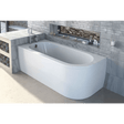 Modern bathroom with a freestanding bathtub against a tiled wall.