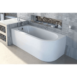 Modern bathroom with a freestanding bathtub against a tiled wall.