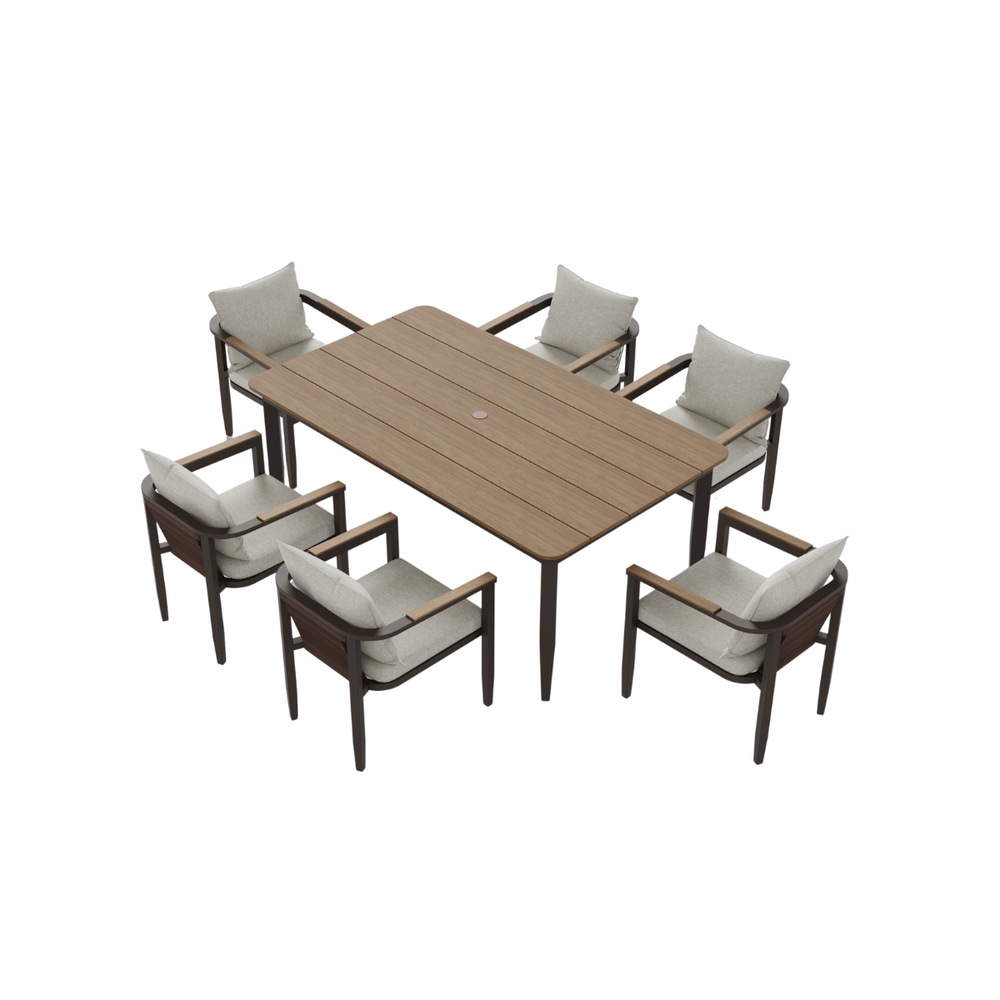 Light brown wood table with six beige cushioned chairs and dark brown frames.