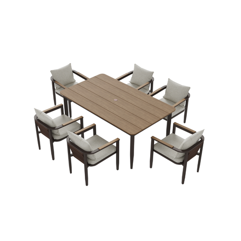 Light brown wood table with six beige cushioned chairs and dark brown frames.