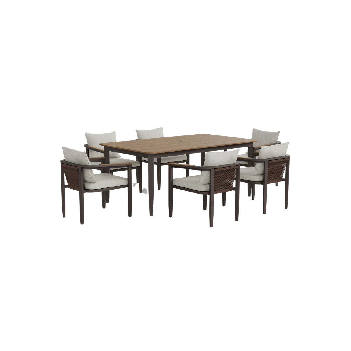 Brown wooden table with dark brown frame and six beige cushioned chairs with armrests.