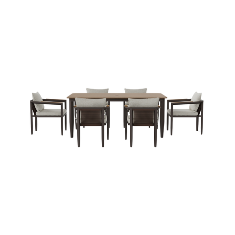 Dark brown wood and beige fabric dining chairs around a wooden rectangular table with slatted top.