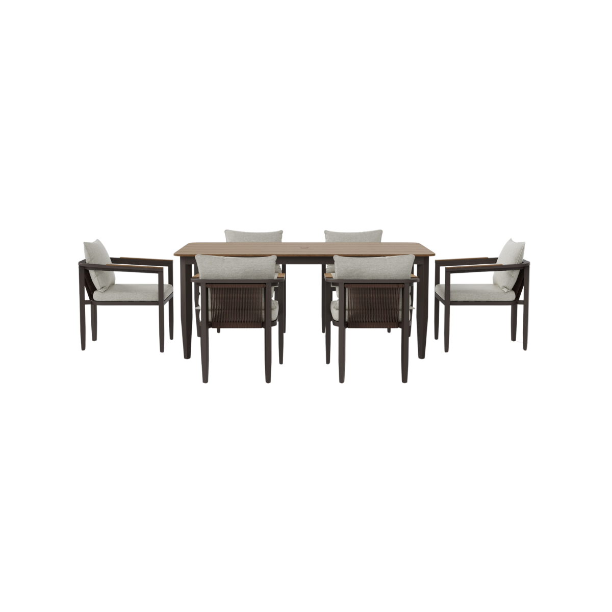 Dark brown wood and beige fabric dining chairs around a wooden rectangular table with slatted top.