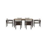 Dark brown wood and beige fabric dining chairs around a wooden rectangular table with slatted top.