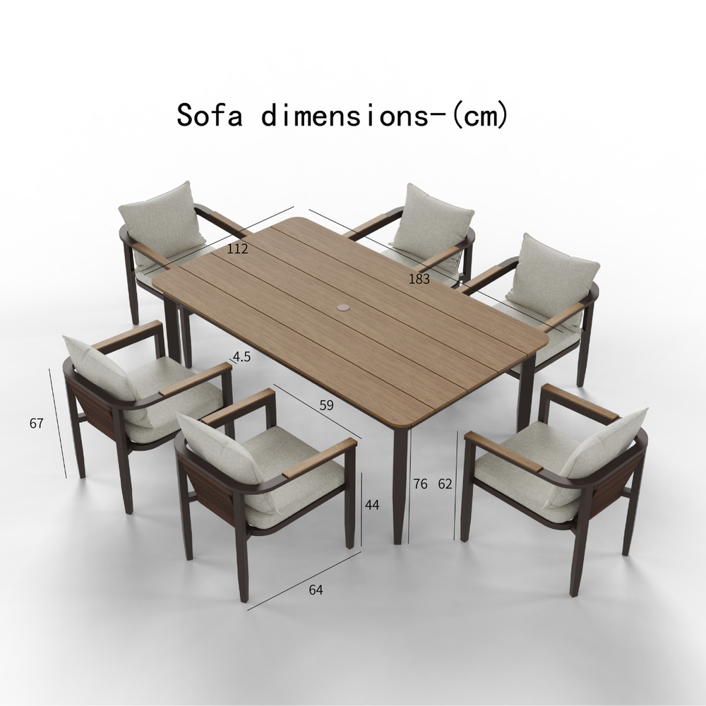 Brown wooden dining table with six beige cushioned chairs and dimension markings.