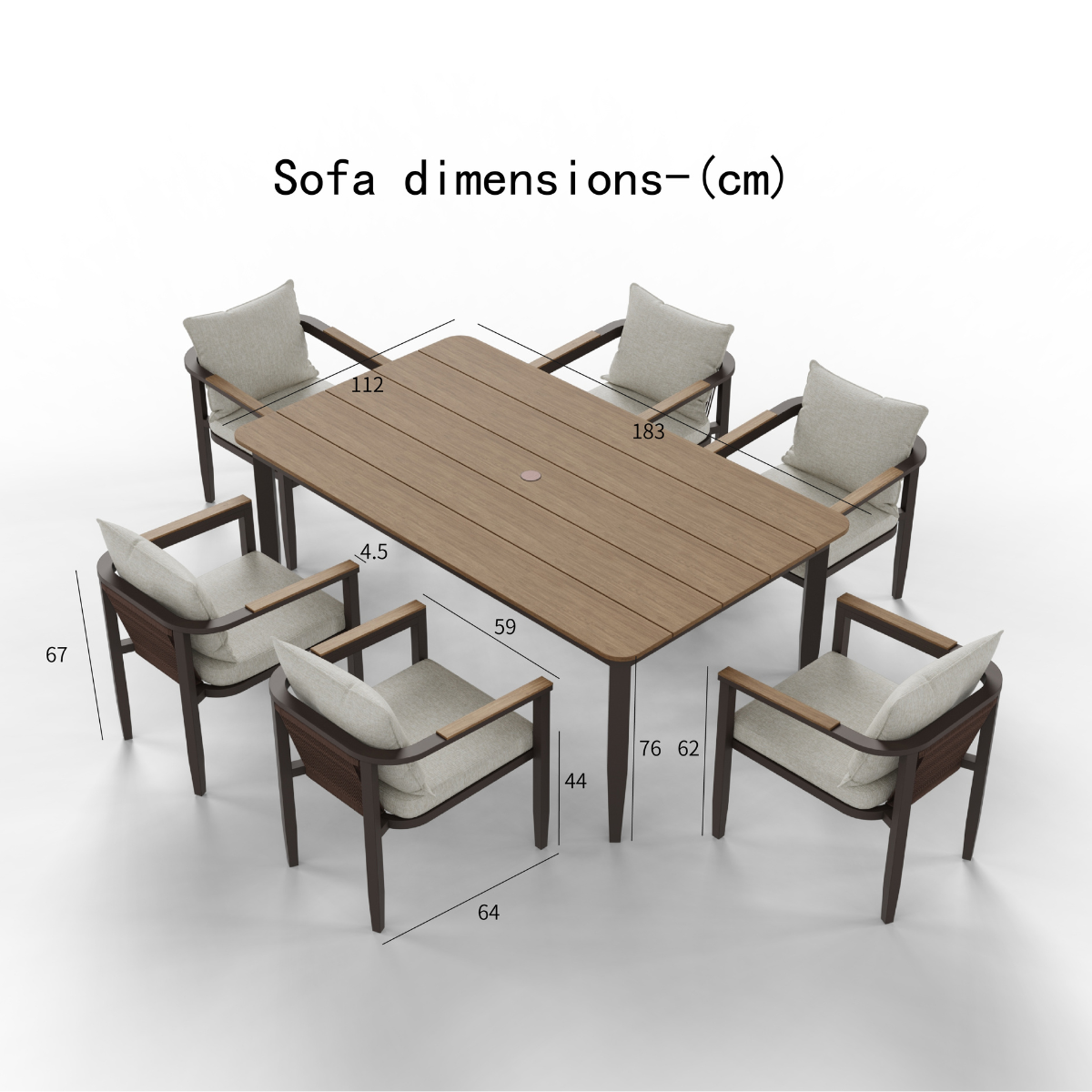 Brown wooden dining table with six beige cushioned chairs and dimension markings.