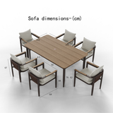 Brown wooden dining table with six beige cushioned chairs and dimension markings.