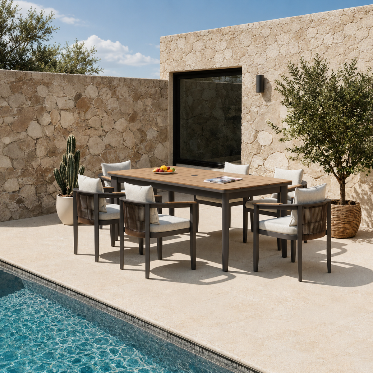 Natural wood and metal outdoor dining set on beige patio near blue pool | Home Centre Direct UK