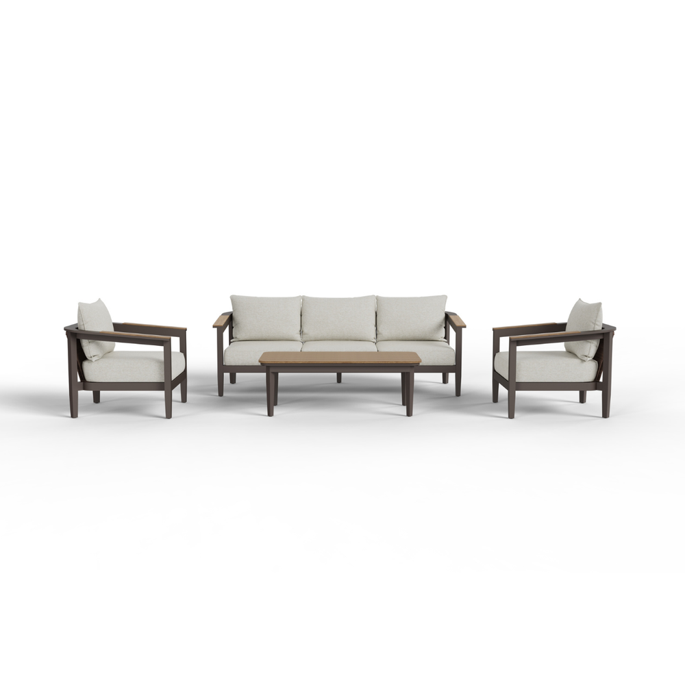 Light beige fabric cushions with dark brown wooden frames sofa set and rectangular wooden coffee tab