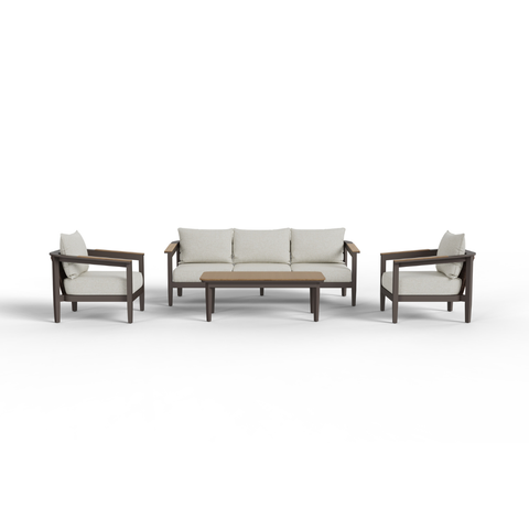 Light beige fabric cushions with dark brown wooden frames sofa set and rectangular wooden coffee tab