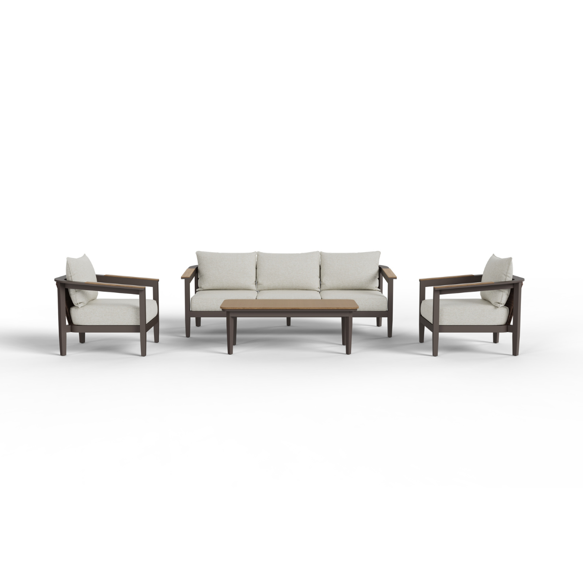 Light beige fabric cushions with dark brown wooden frames sofa set and rectangular wooden coffee tab