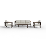Light beige fabric cushions with dark brown wooden frames sofa set and rectangular wooden coffee tab