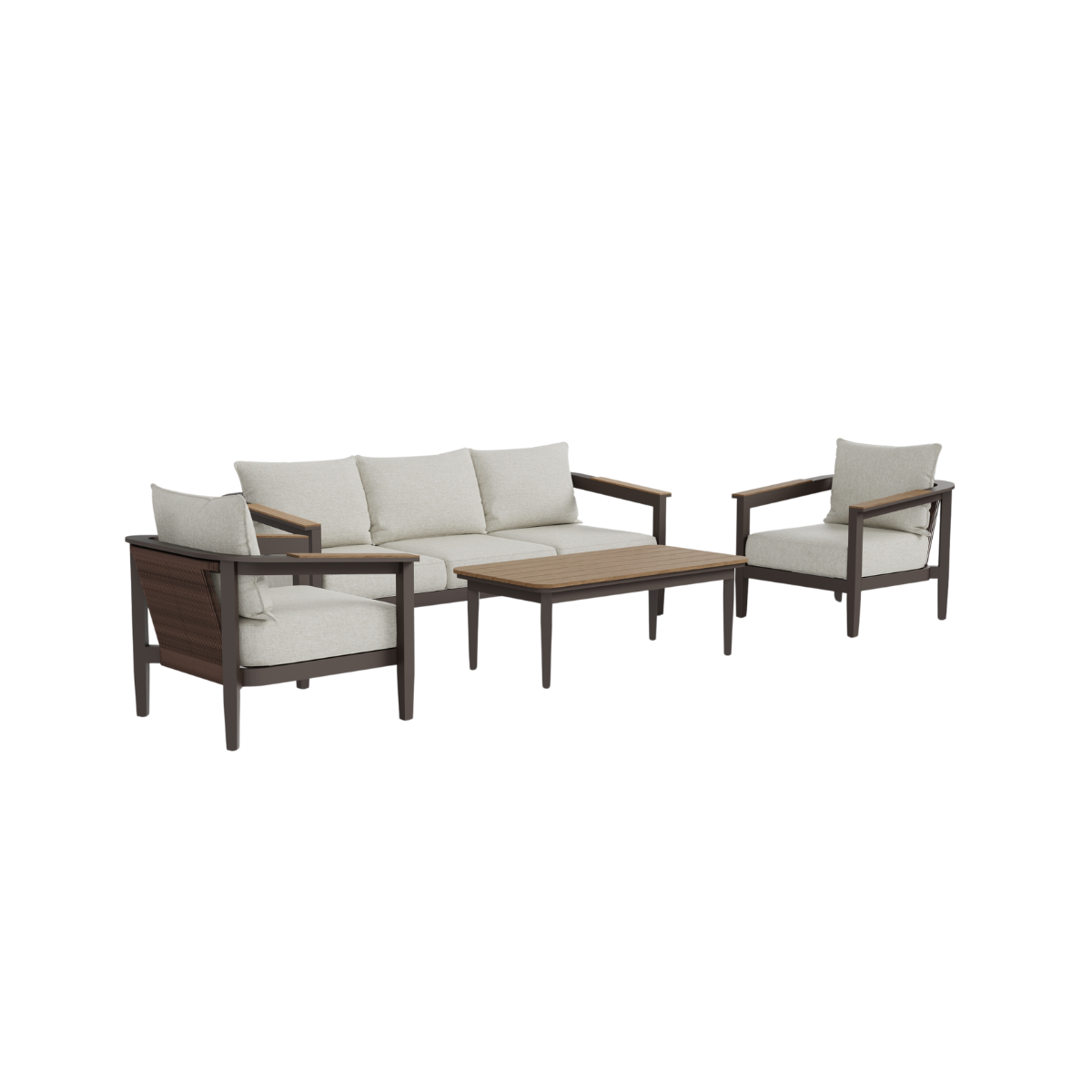 Beige fabric cushions on dark brown metal frame garden sofa set with wooden table top
