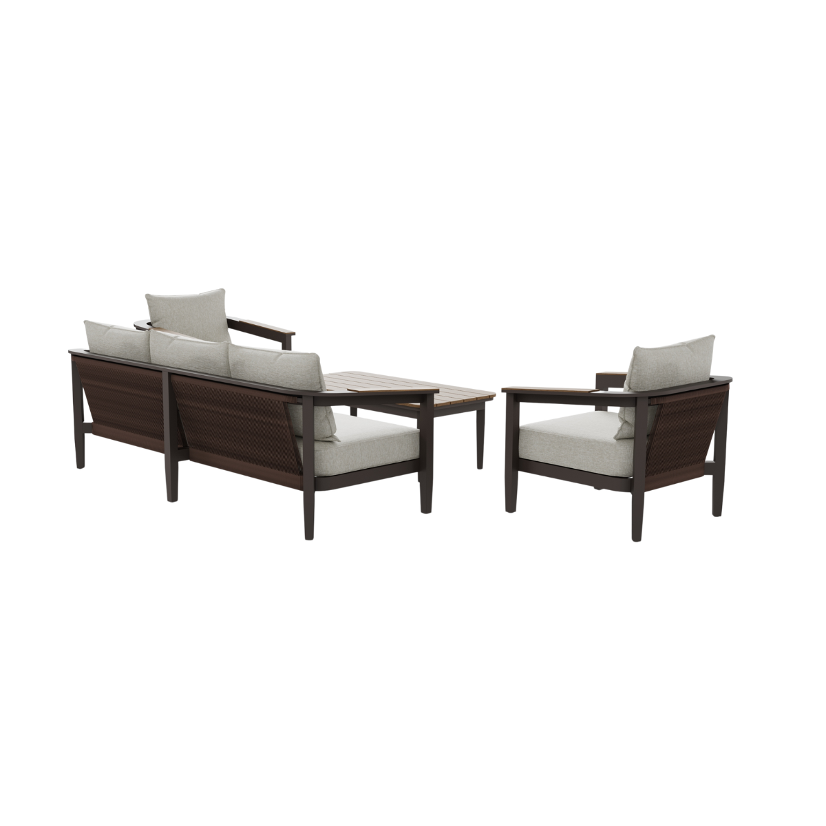 Dark brown wooden frame seating with light beige cushions and matching rectangular table