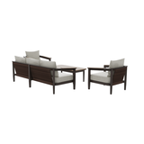 Dark brown wooden frame seating with light beige cushions and matching rectangular table
