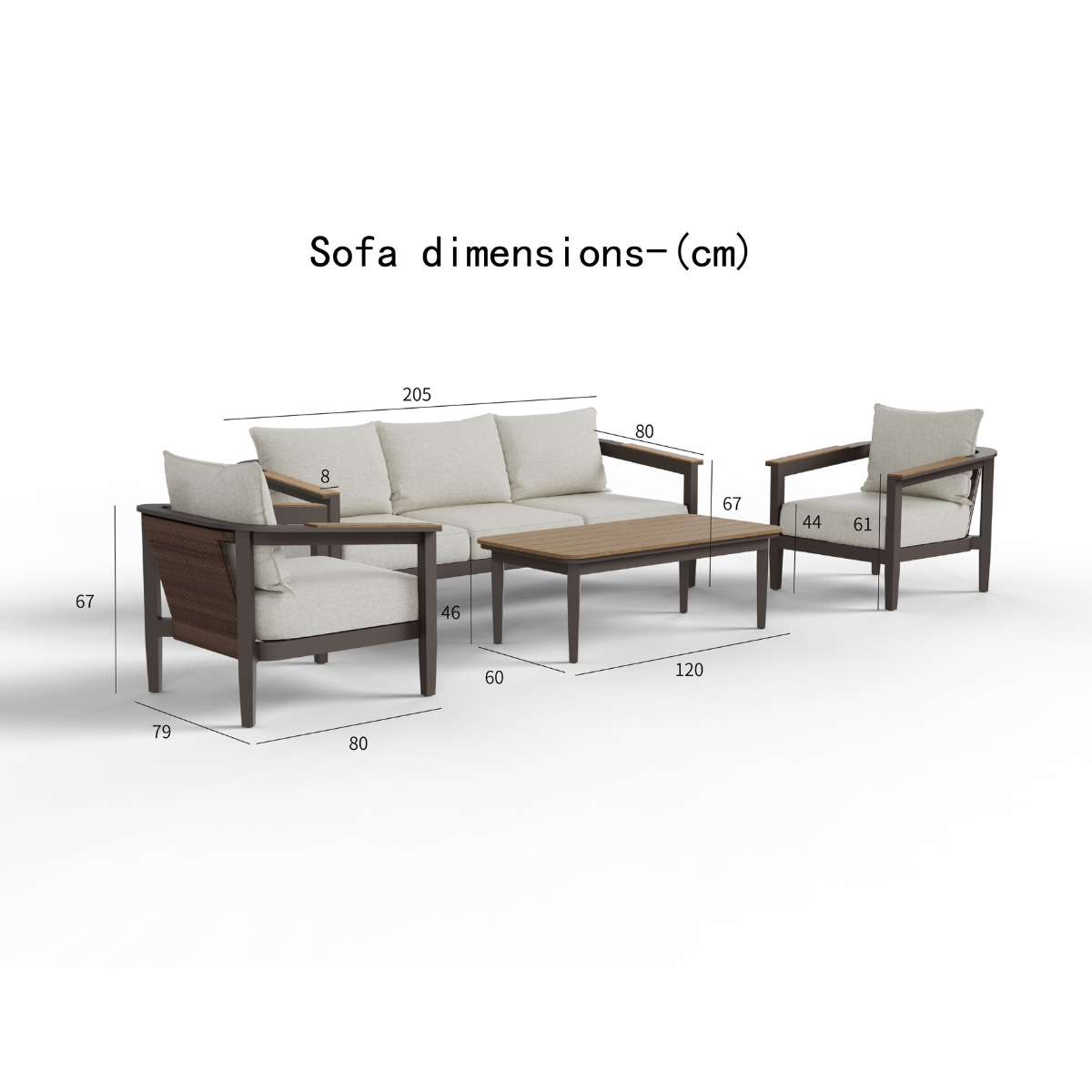 Beige upholstered cushions with dark wood frame and rectangular coffee table with slatted top
