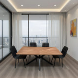 1.6m wooden dining table with black metal legs and six black chairs in modern room