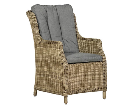 High back rattan comfort chair with grey cushions, angled armrests and woven frame