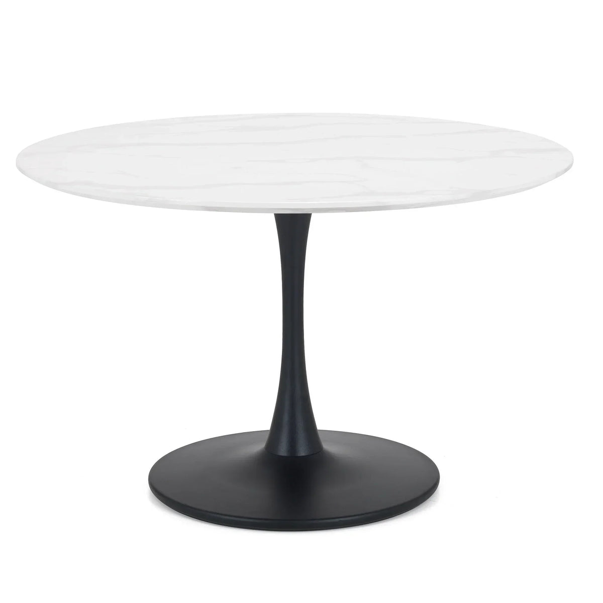 Round dining table with white marble top and black pedestal base