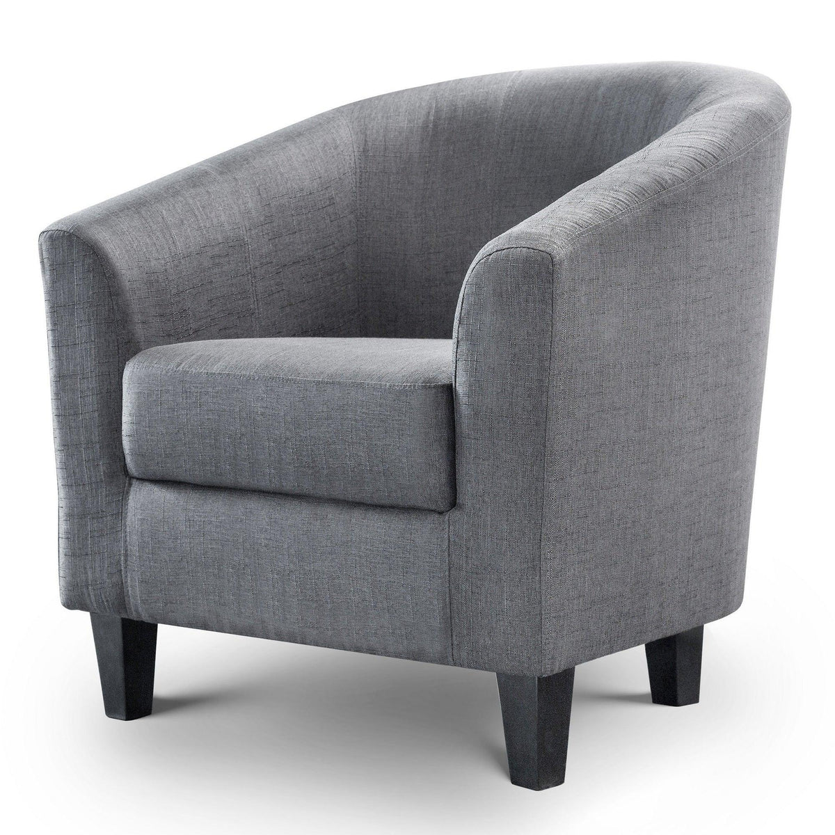 Grey tub chair with upholstered fabric and black wooden legs on white background