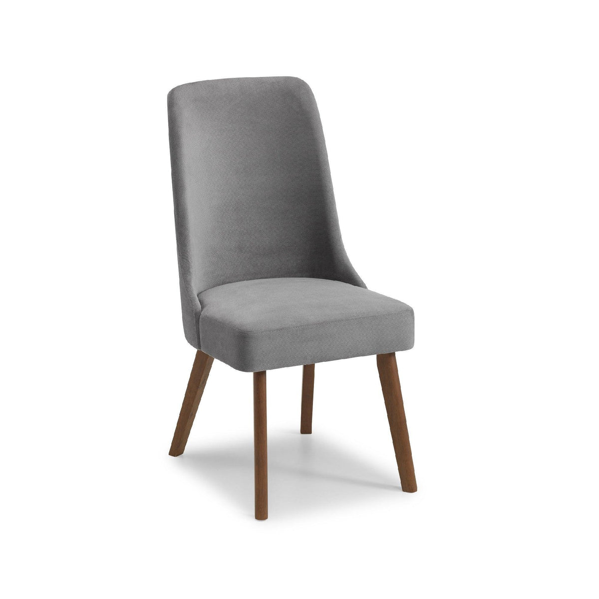 Grey fabric dining chair with padded seat and angled wooden legs, side view