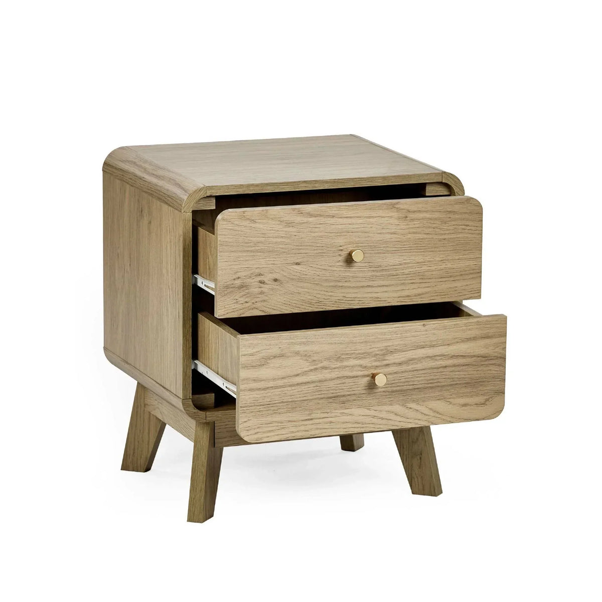 Oak bedside table with two open drawers and angled legs, wood grain finish visible