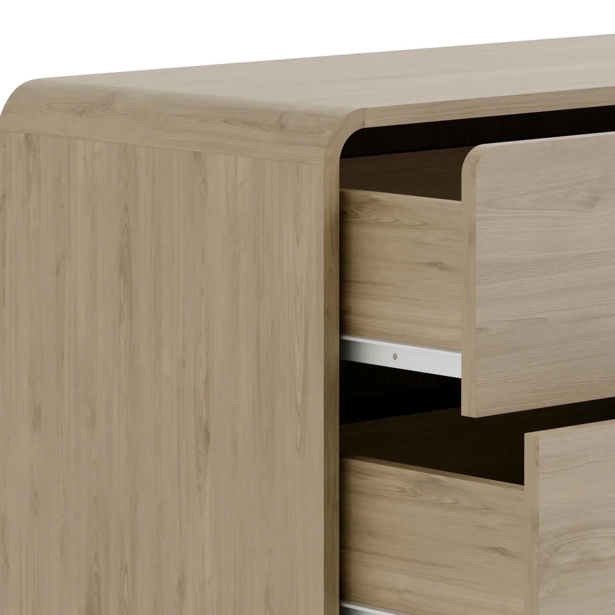 Oak finish chest of drawers with curved edge and two drawers partially open