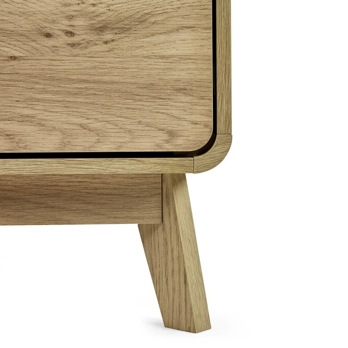 Light oak bedside table leg and corner detail with wood grain finish