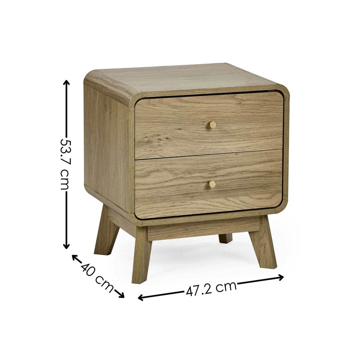 Oak bedside table with two drawers, gold knobs, and labeled dimensions