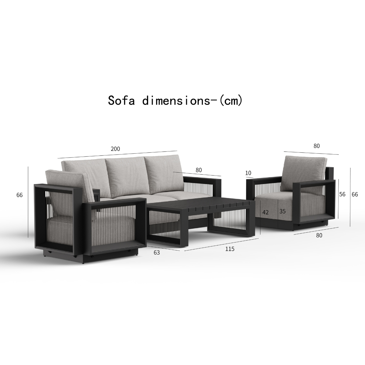 Grey fabric cushions on black metal frame sofa set with matching coffee table and armchair.