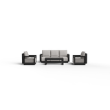 Black metal frame seating set with light grey cushions and matching coffee table