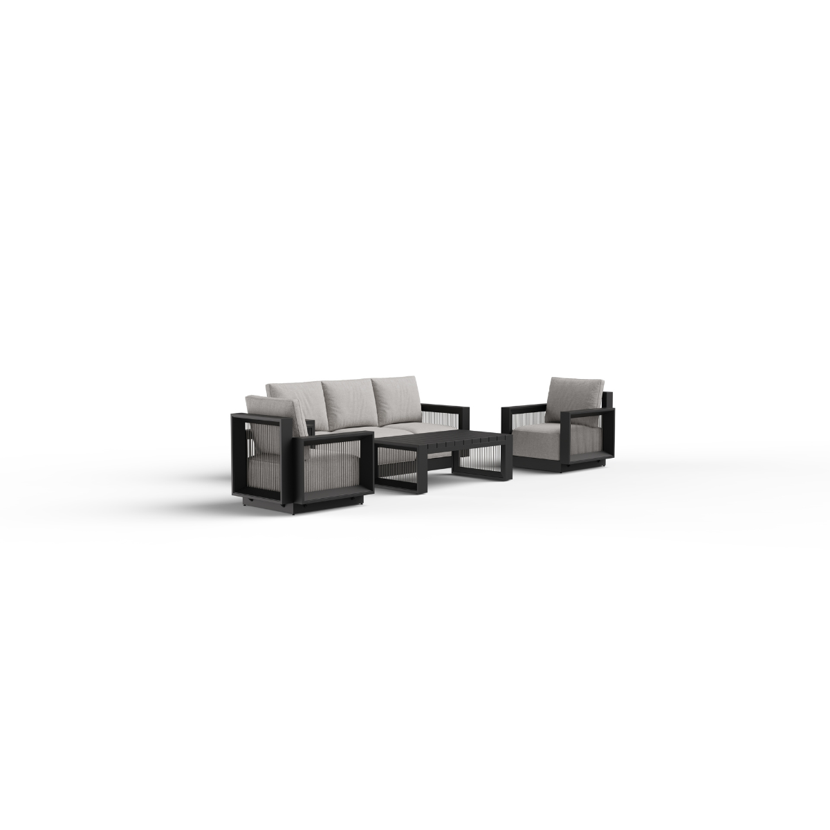 Light grey fabric cushions with black wooden framed sofa set and coffee table on white background